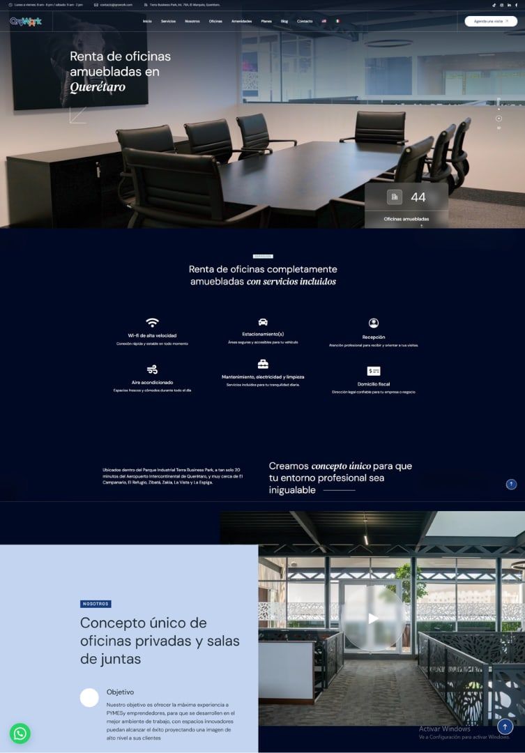 Sitio web de QroWork, renta de oficinas amuebladas en Querétaro
