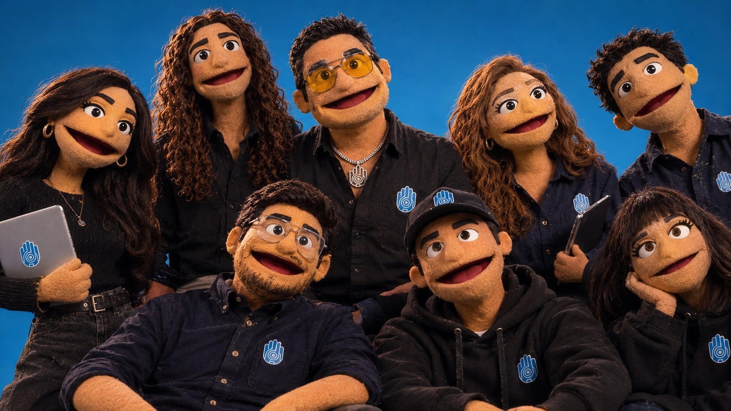 Integrantes de Aliado Digital retratados como muñecos de peluche, con playera negra de la agencia sobre fondo azul