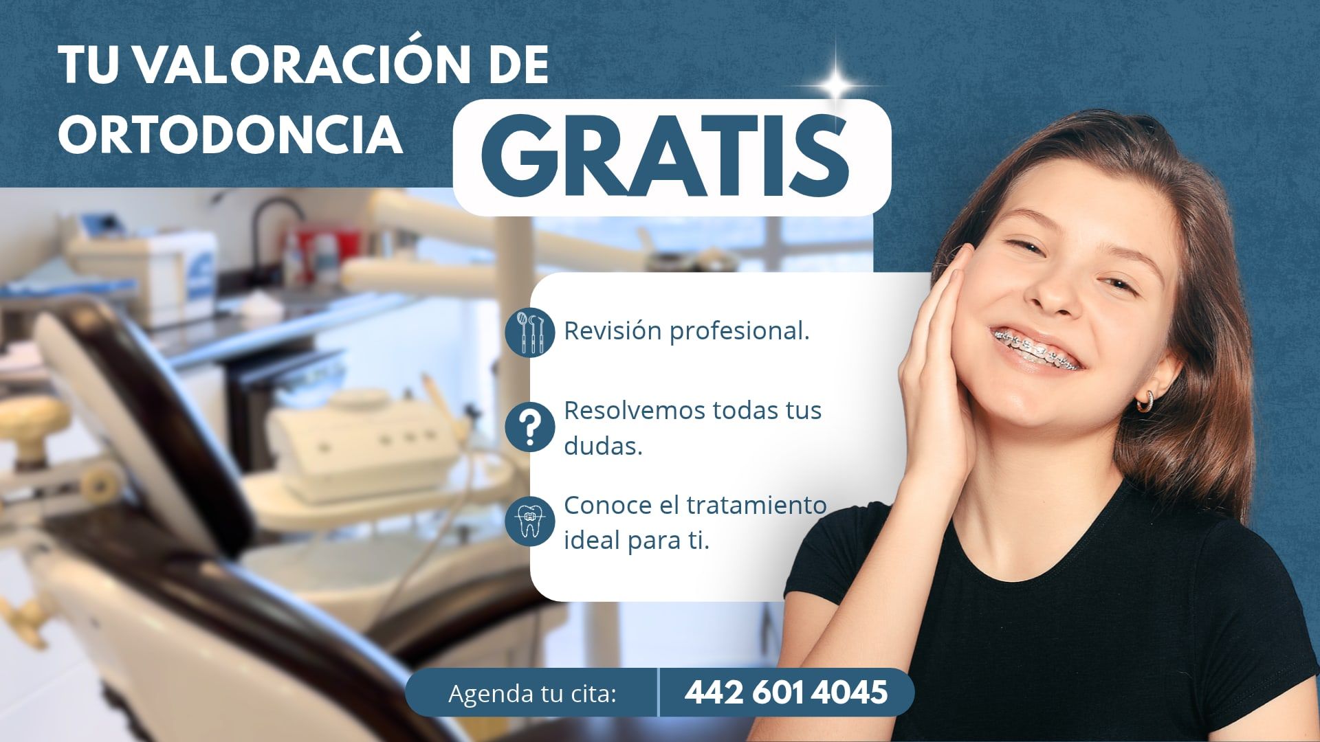 Anuncio del Dr. Carlos Islas: valoración de ortodoncia gratis, con una paciente sonriente con brackets