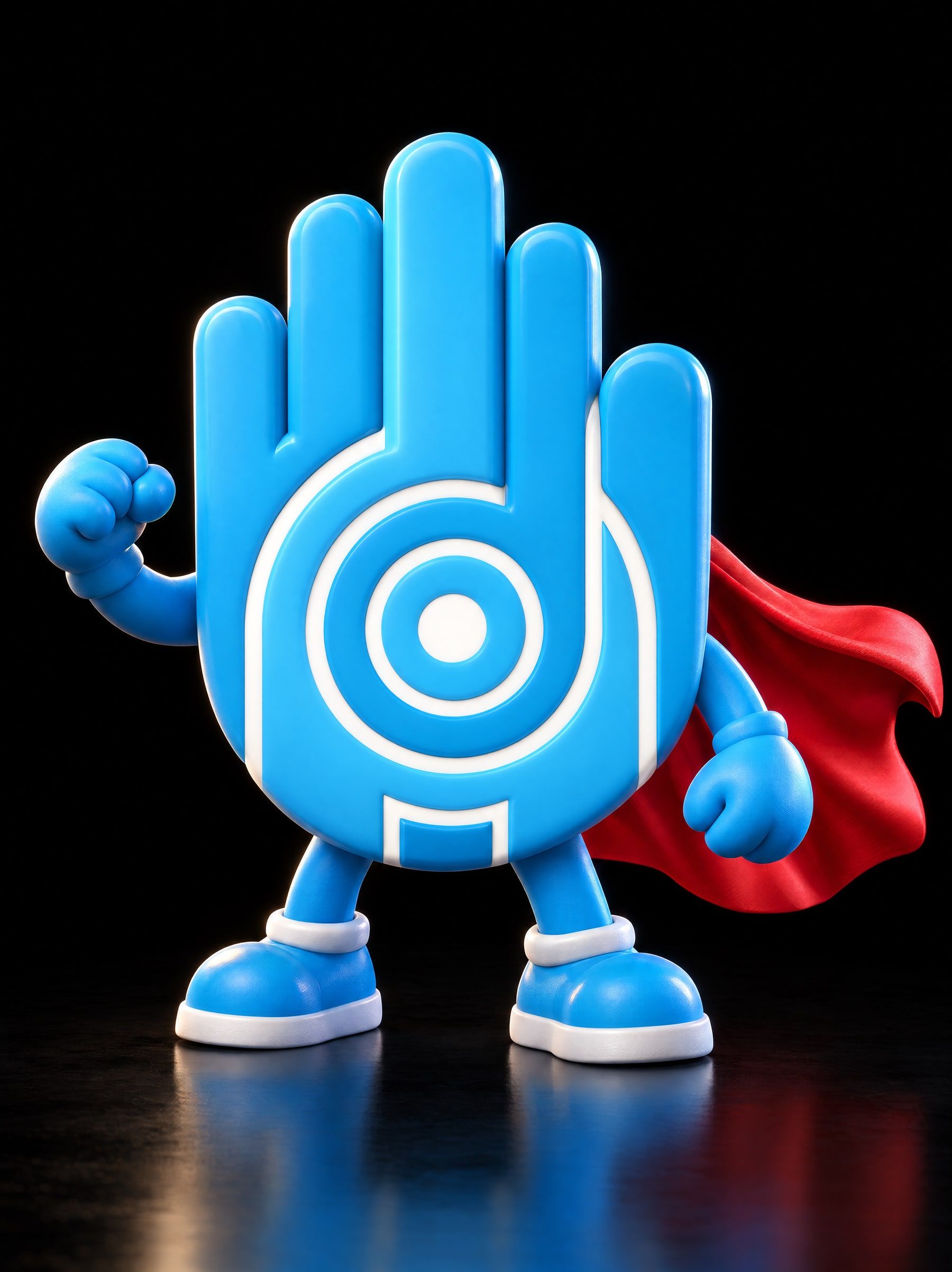 Mascota de Aliado Digital: una mano azul con capa roja y el puño en alto