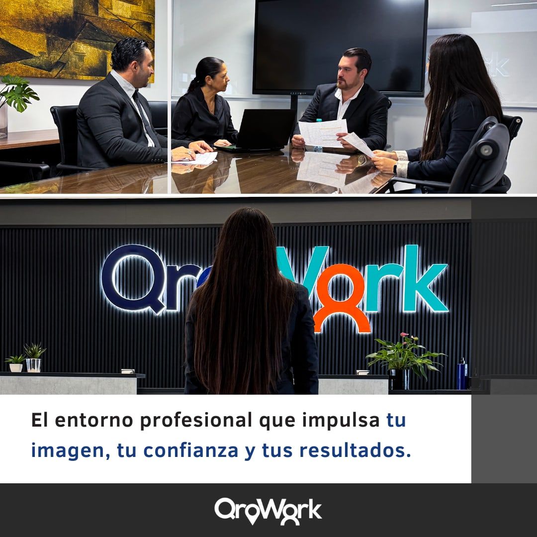 Pieza gráfica de Qrowork con su recepción y una sala de juntas en uso