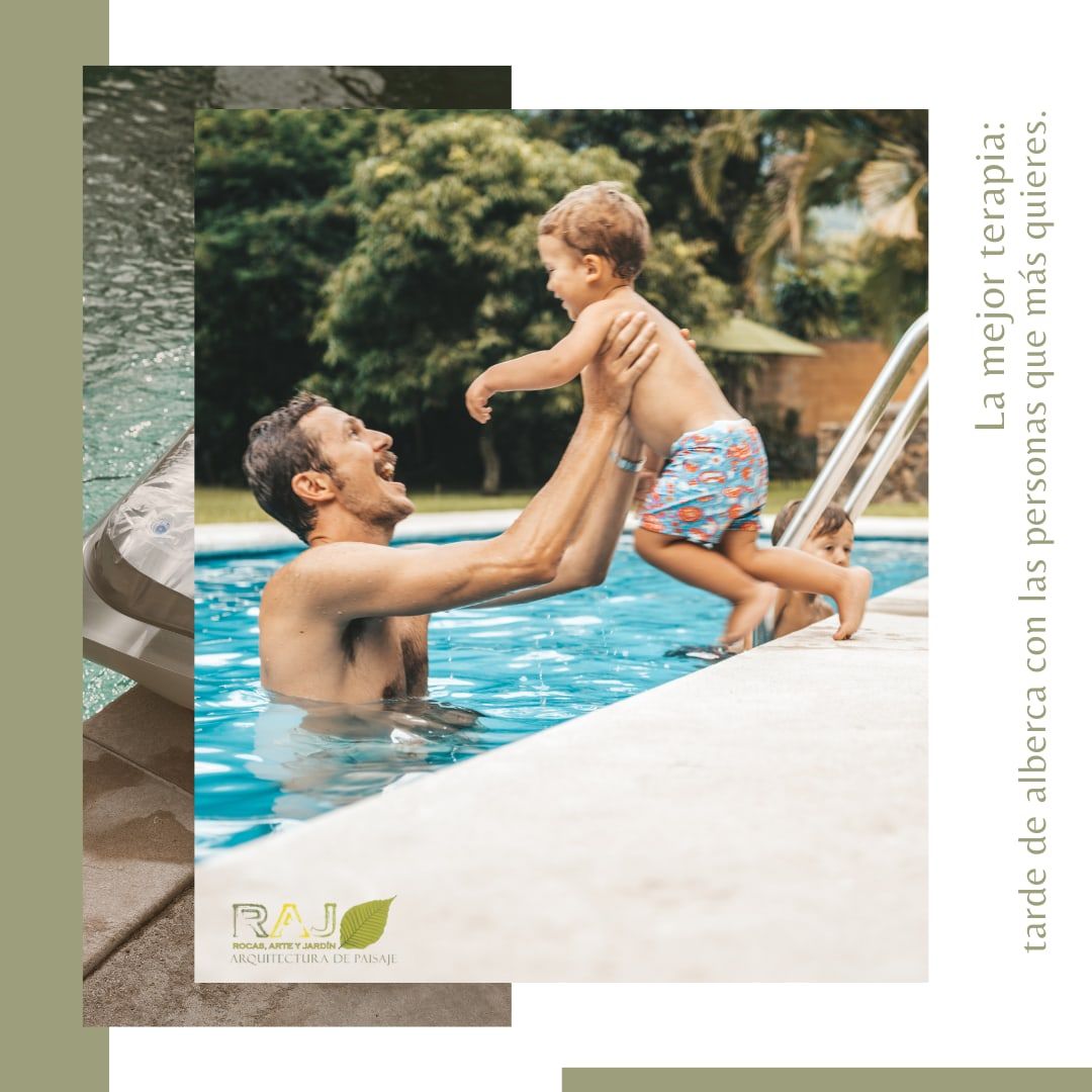 Pieza gráfica de Roca Arte y Jardín: un padre juega con su hijo en la alberca de casa